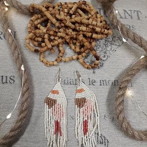 Native Beaded Fringe Earrings in Cream, Pink, Brown & Red